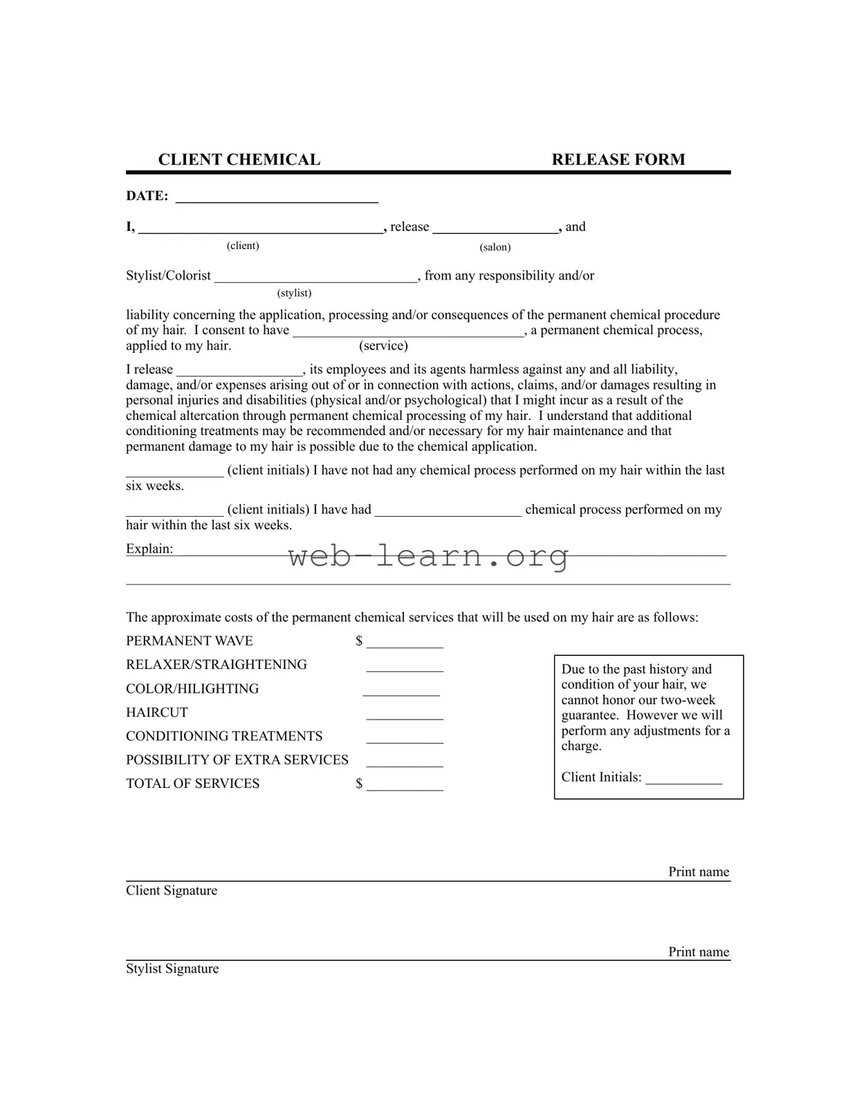 Blank Salon Chemical Waiver Form