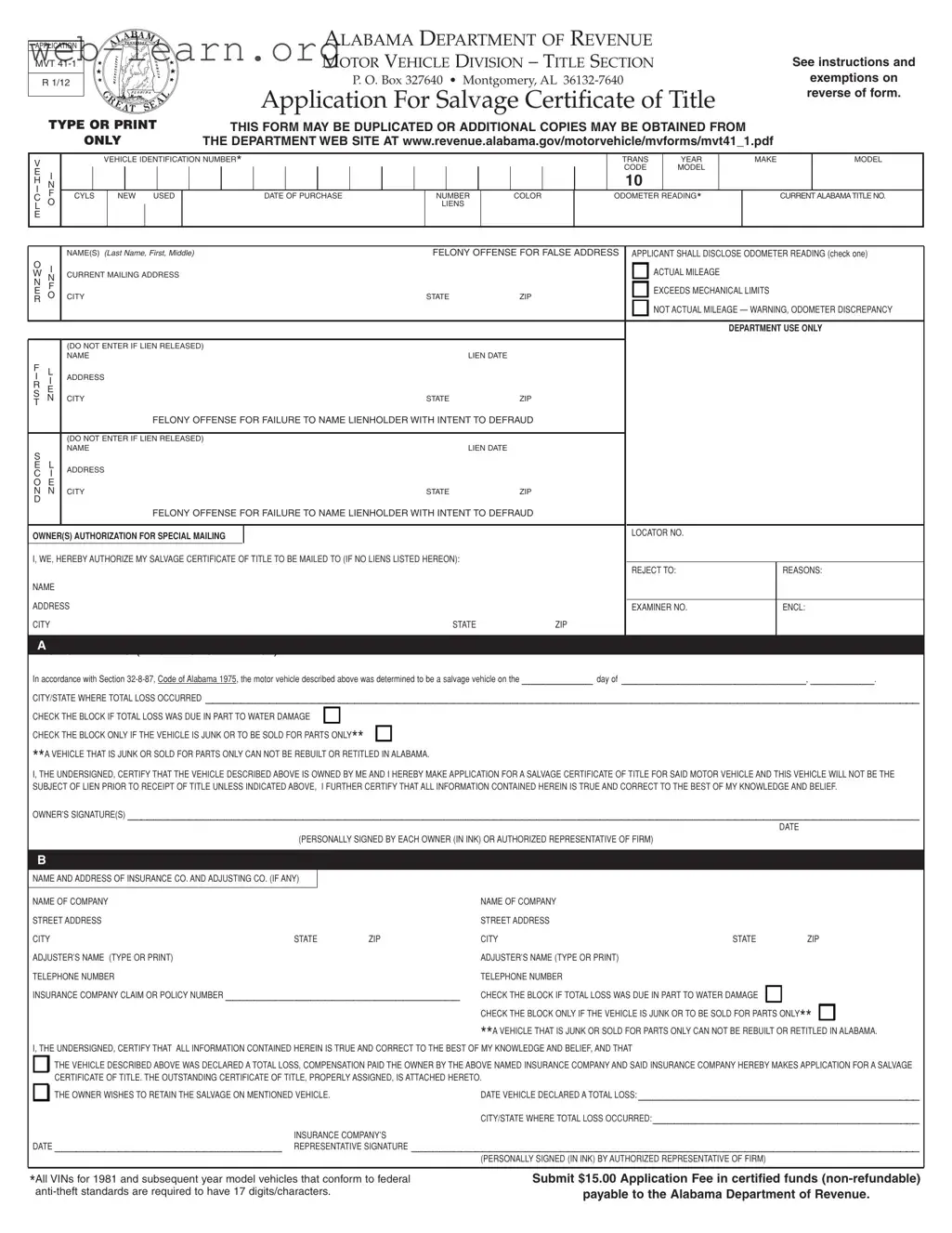 Blank Alabama Mvt 41 1 Form