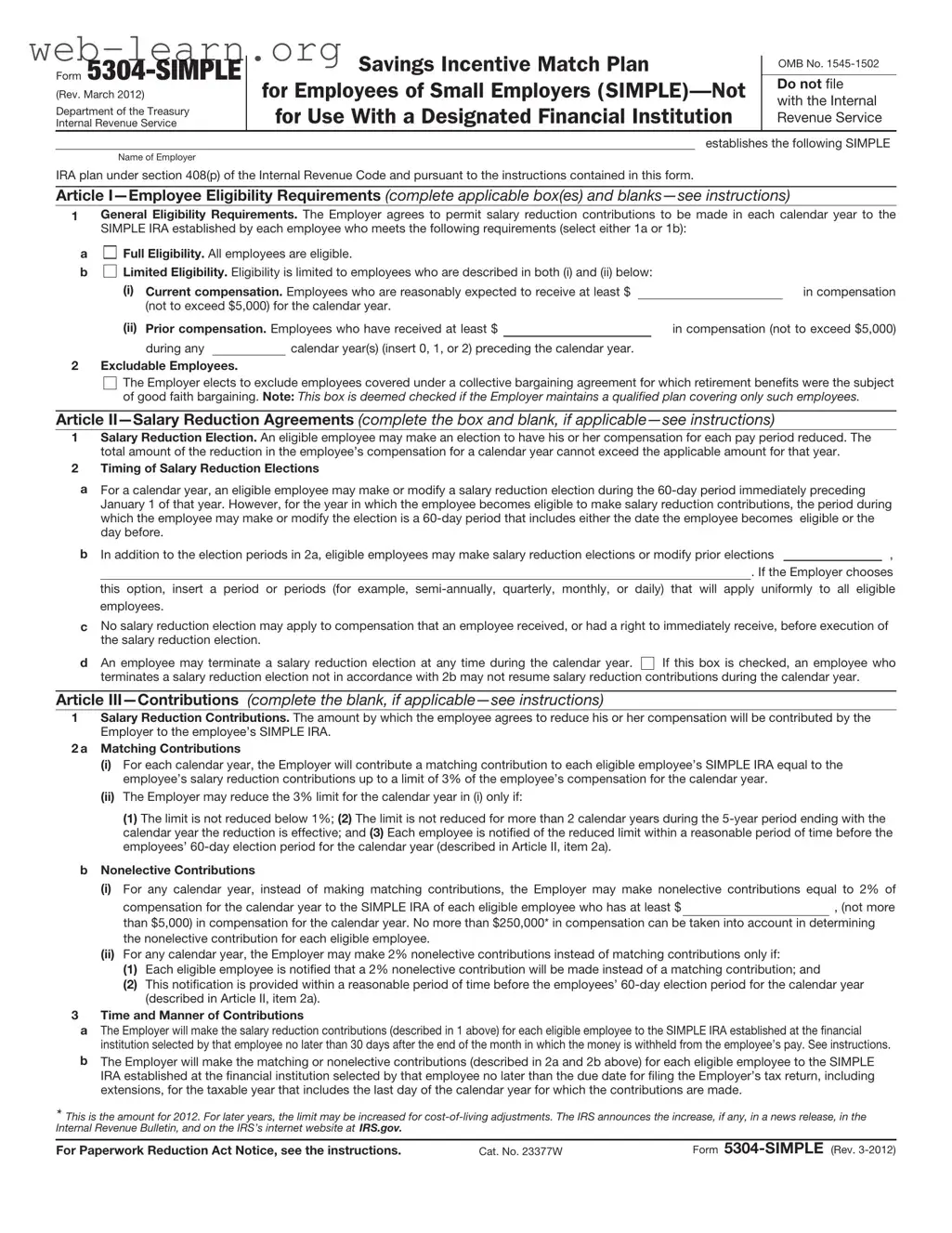 Blank IRS 5304-SIMPLE Form