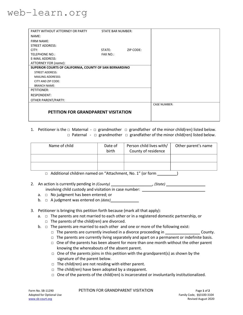 Blank California Sb 11290 Form