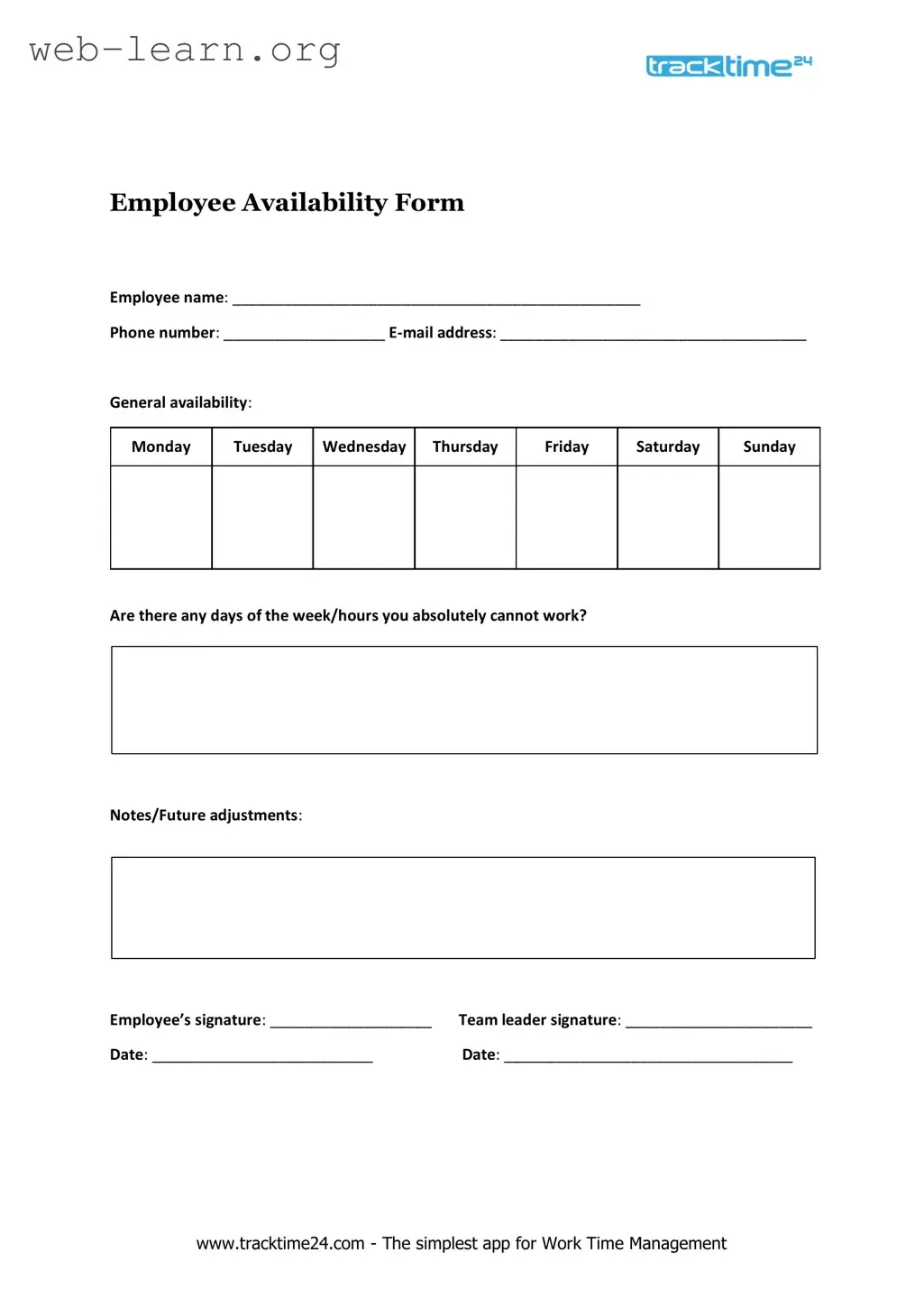 Blank Employee Availability Form