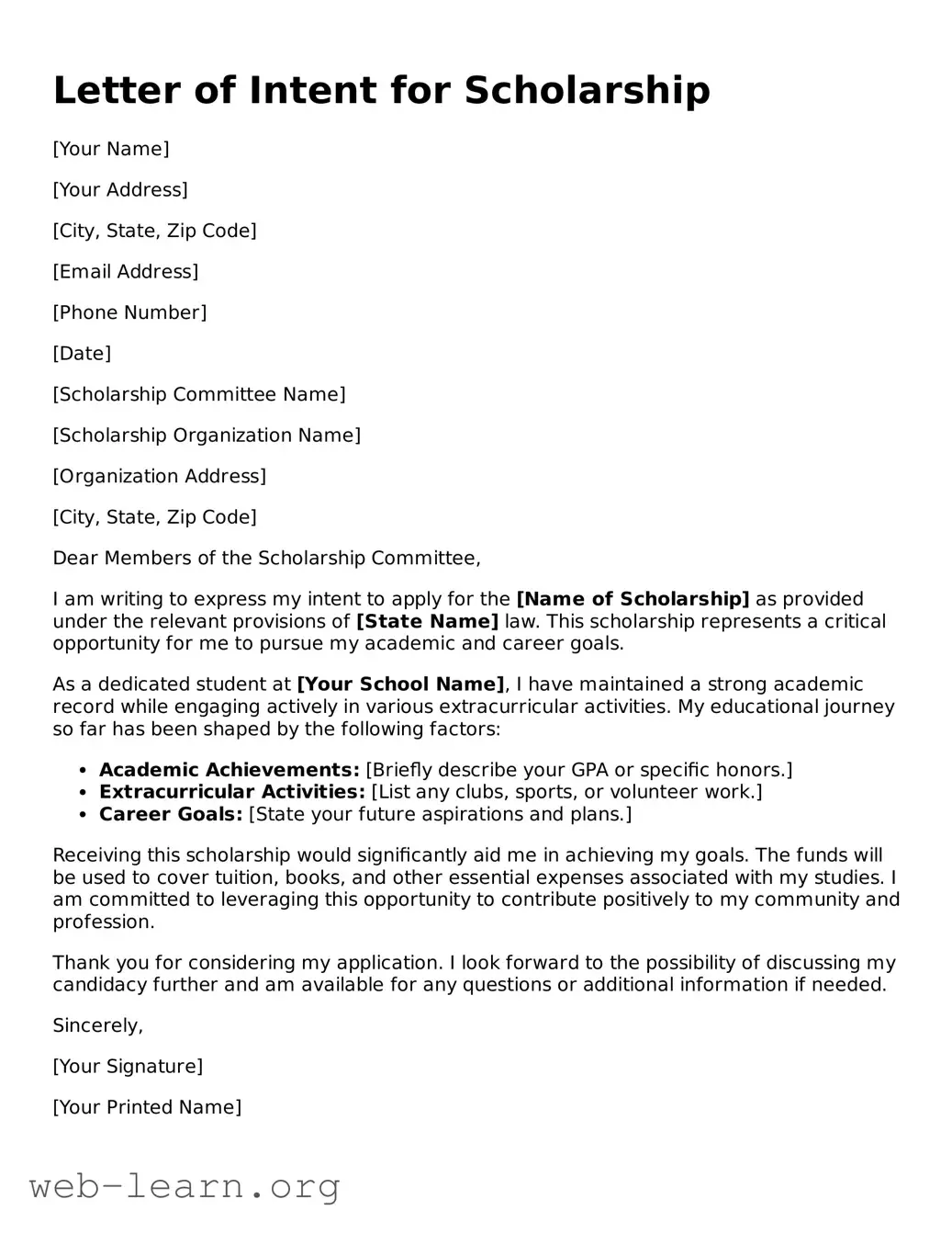 Attorney-Approved Letter of Intent For Scholarship Template