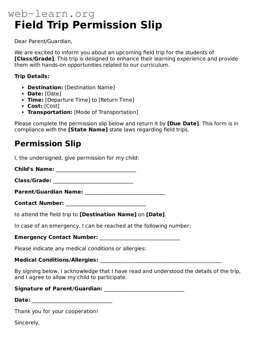 Attorney-Approved Field Trip Permission Slip Template