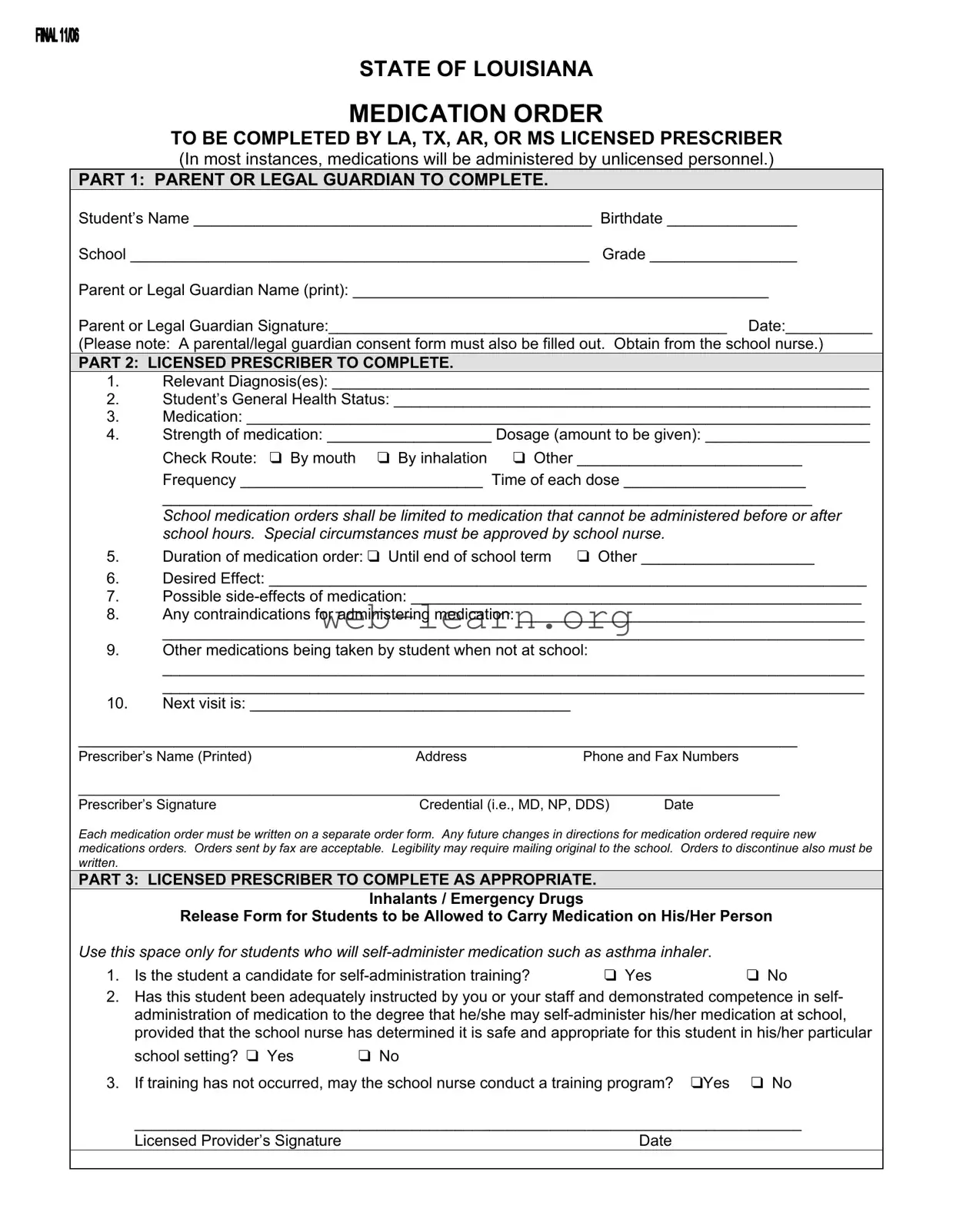 Blank State Of Louisiana Medication Order Form