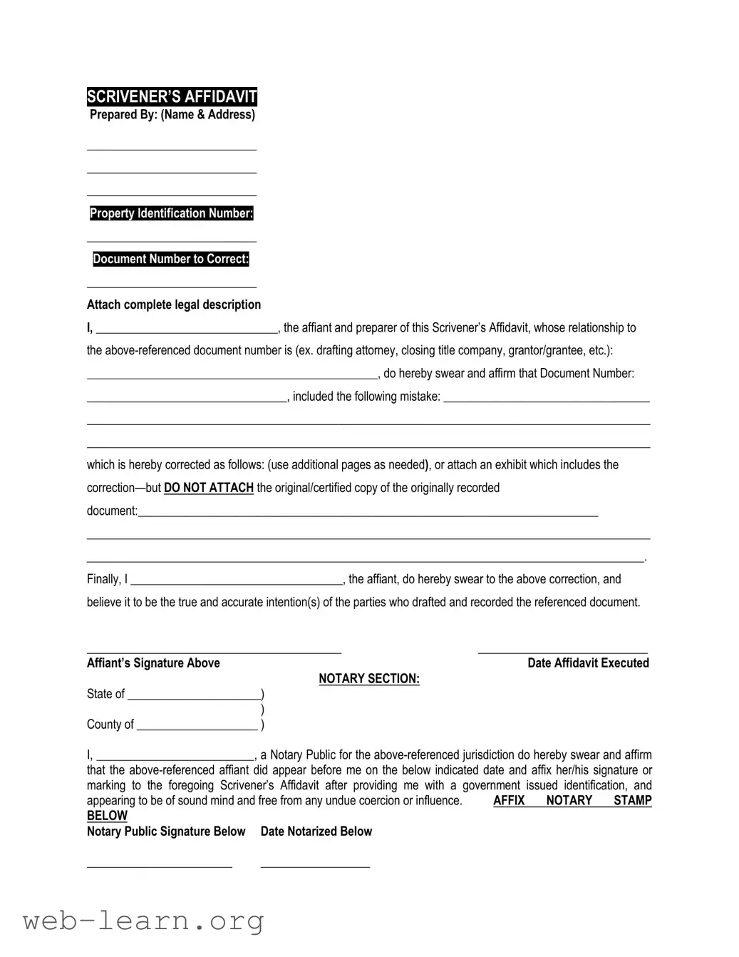 Blank Scrivener's Affidavit Form