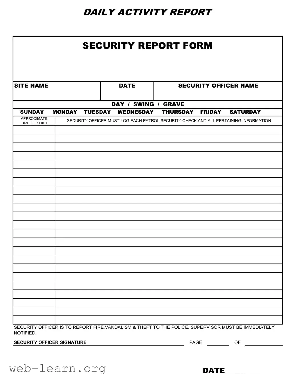 Blank Security Guard Daily Report Sample Form