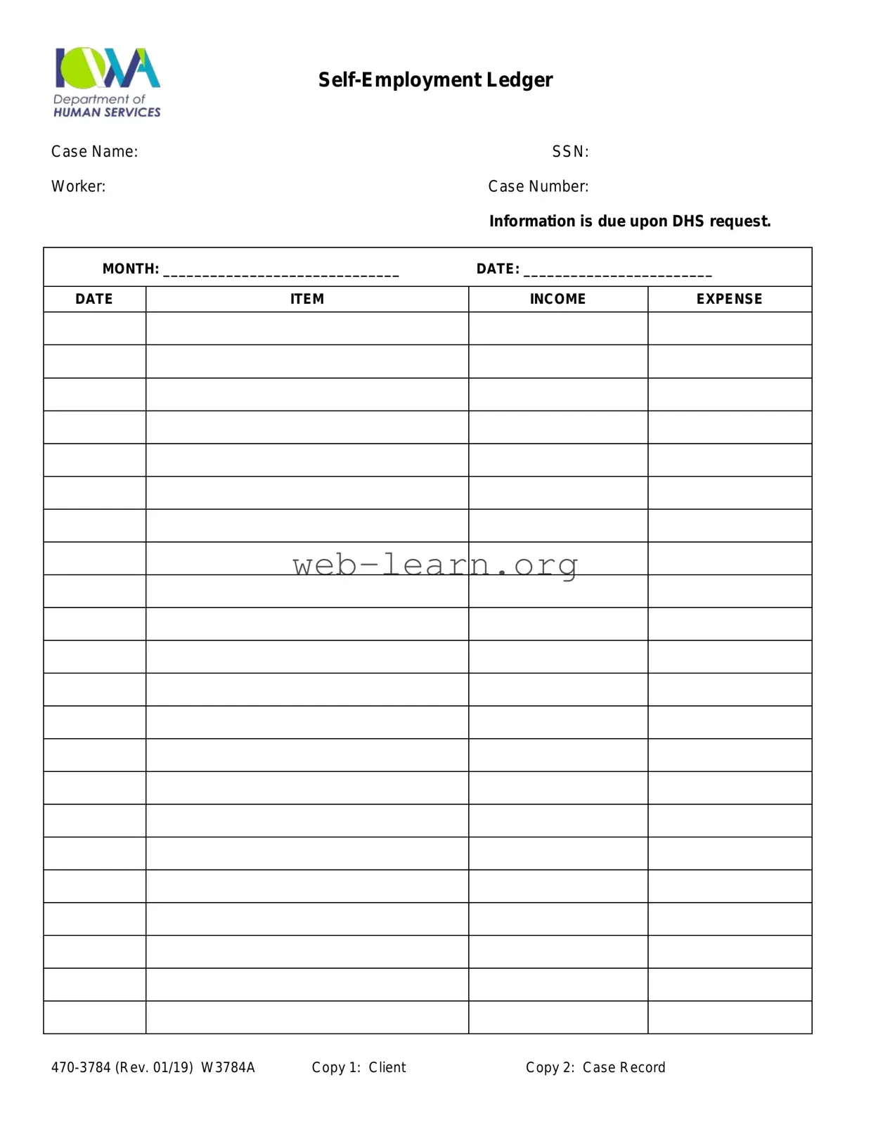 Blank Self Employment Ledger Form