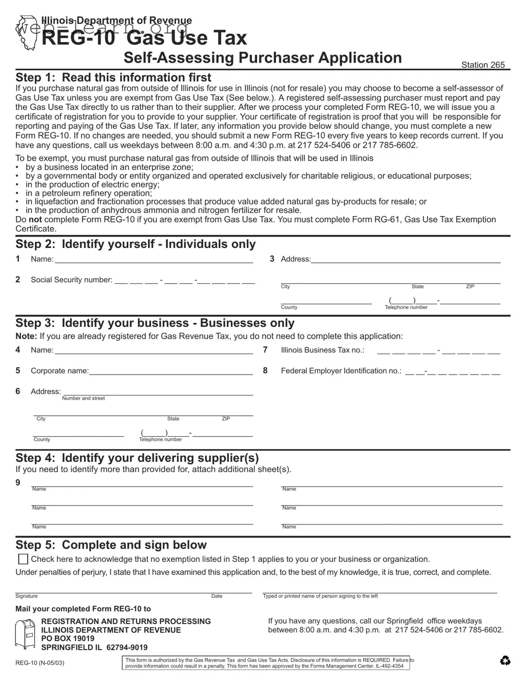 Blank Illinois Reg 10 Form