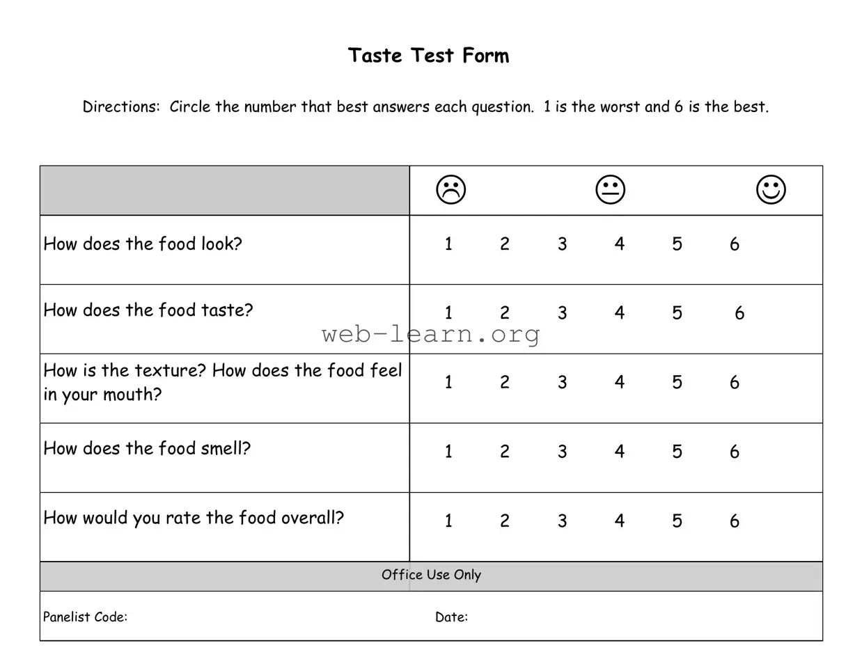 Blank Taste Test Form