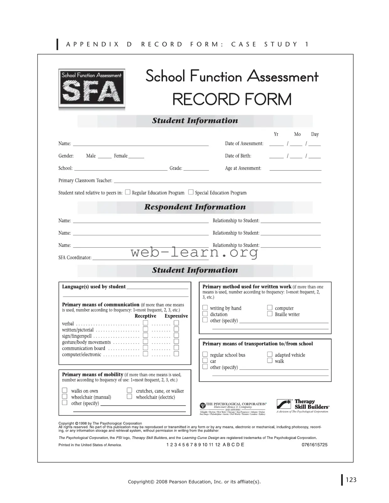 Blank School Function Assessment Form