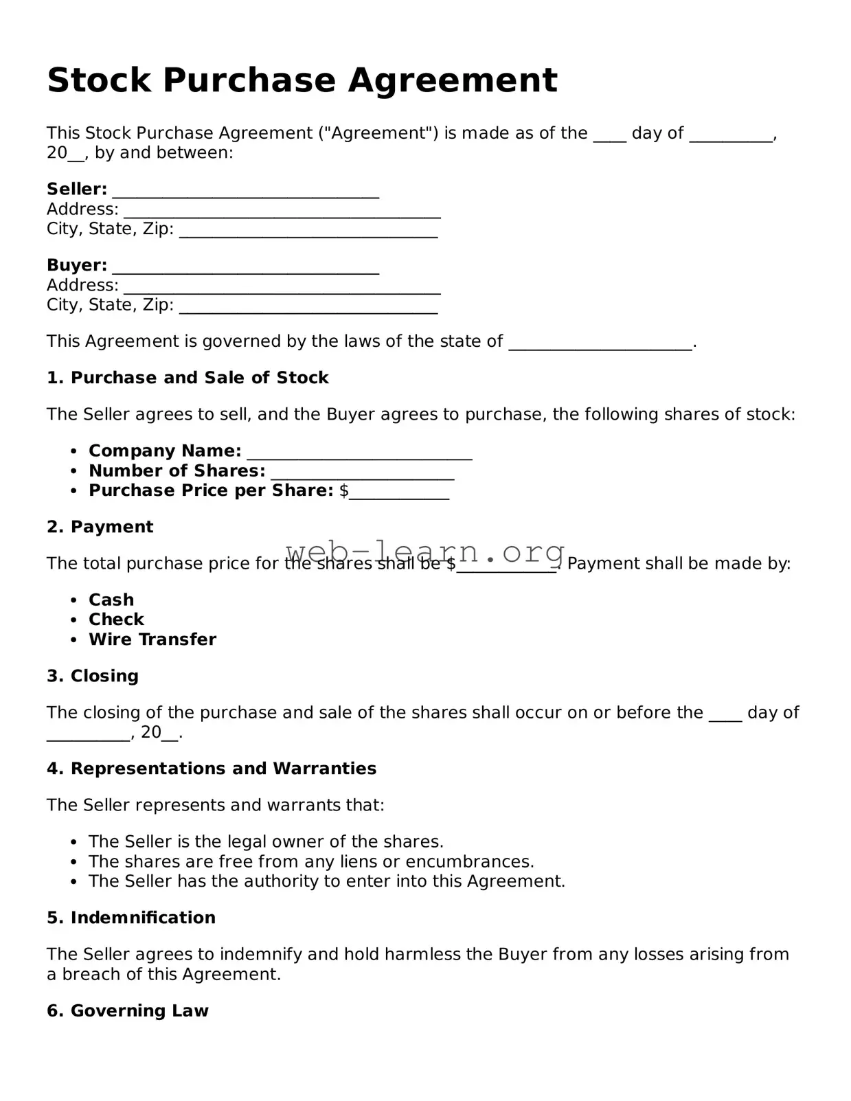 Attorney-Approved Stock Purchase Agreement  Template