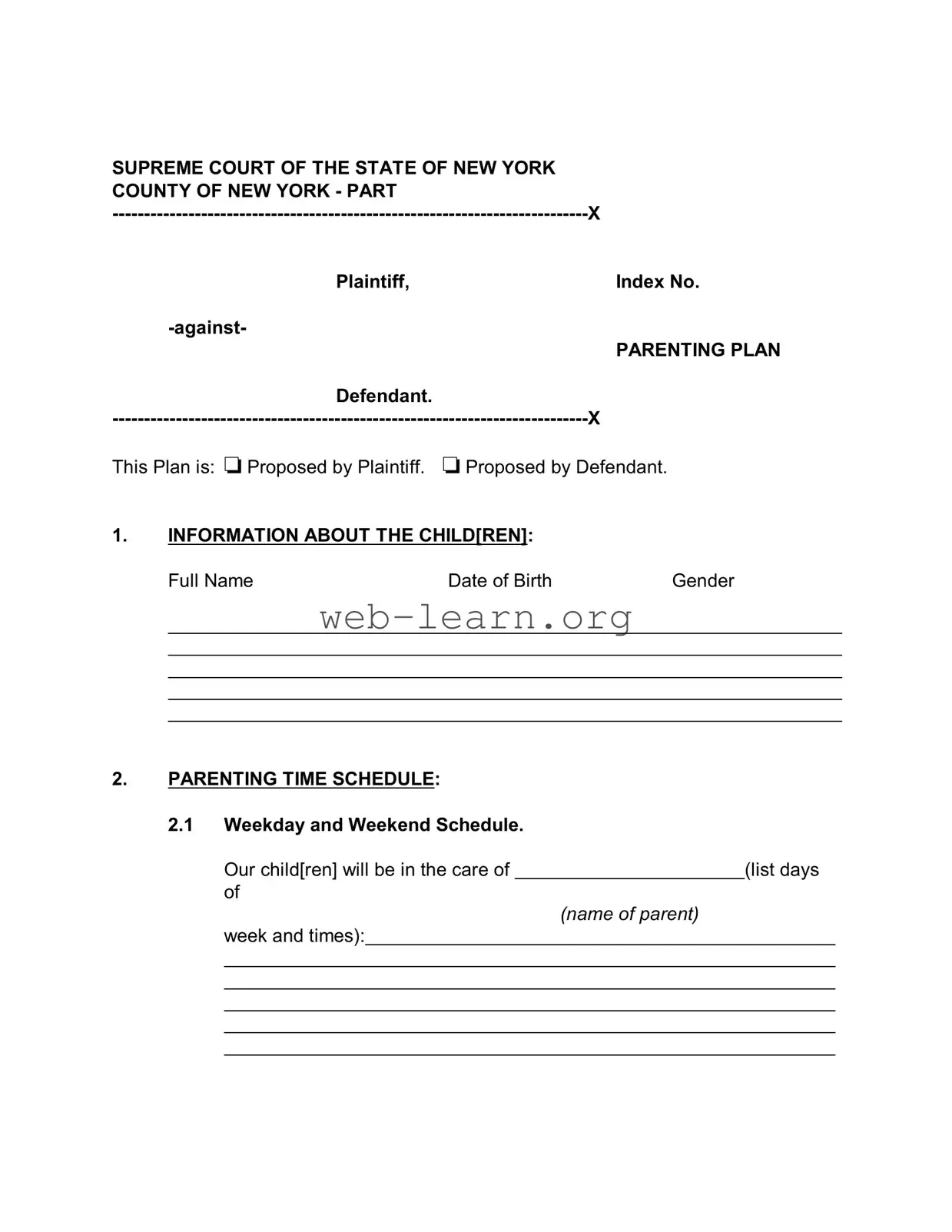 Blank New York Parenting Plan Form