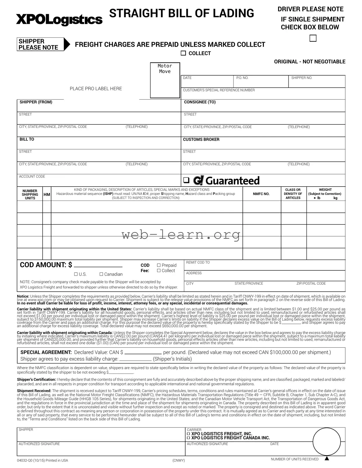 Blank Xpo Logistics Bill Of Lading Form