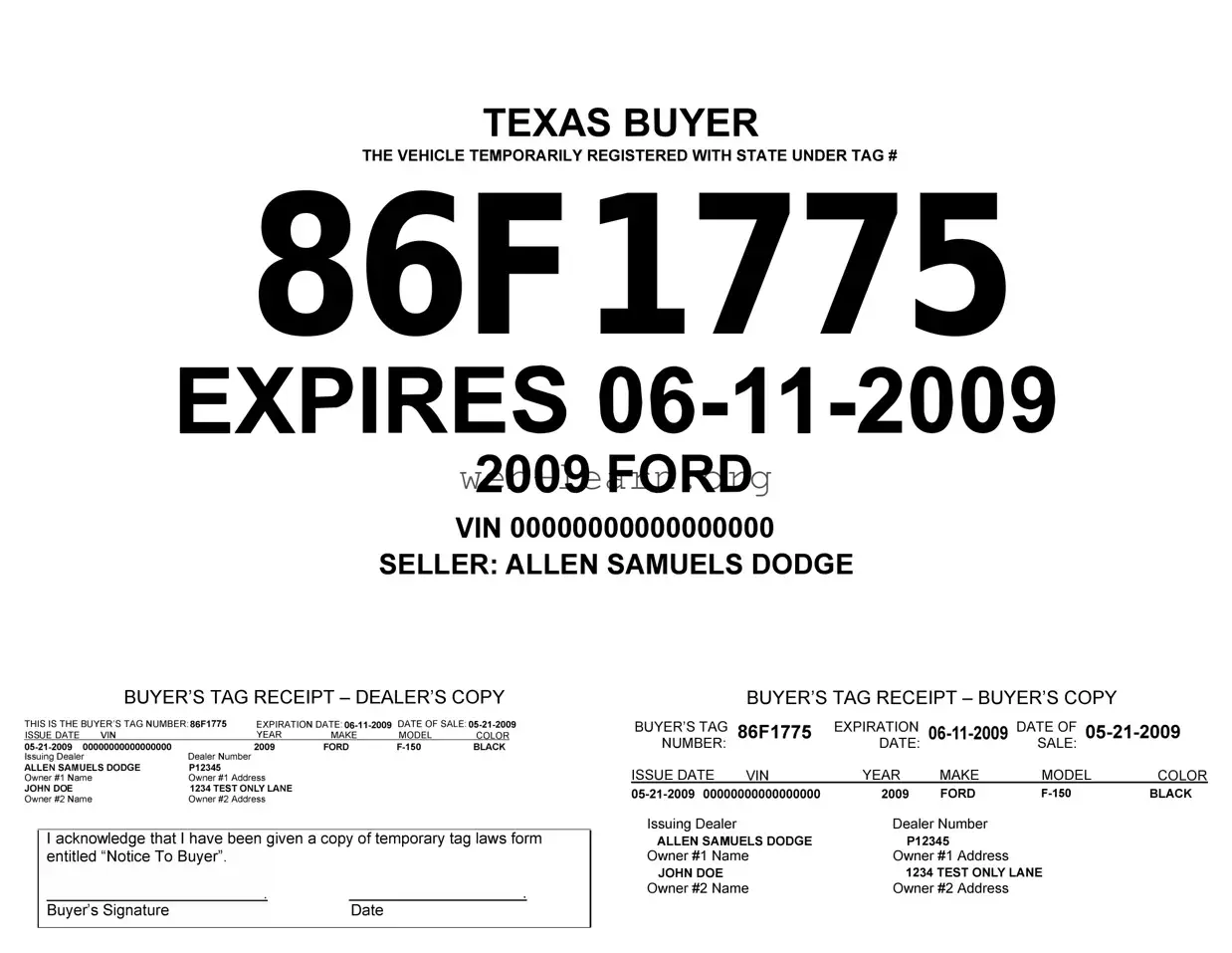 Blank Texas Temporary Tag Form
