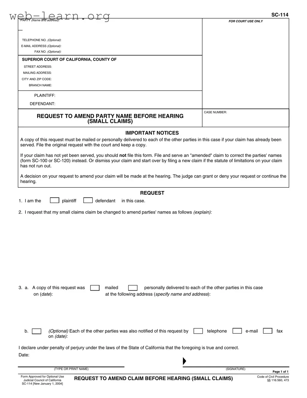 Blank California Sc 114 Form
