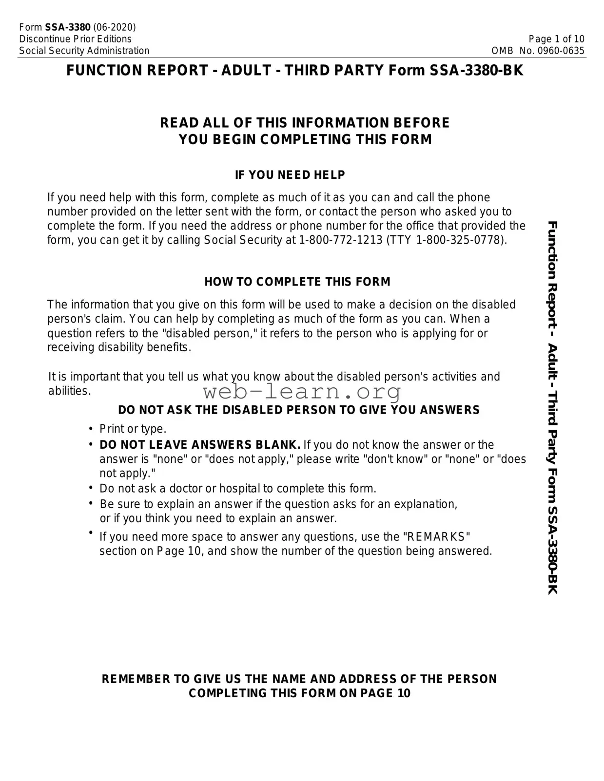 Blank SSA SSA-3380-BK Form