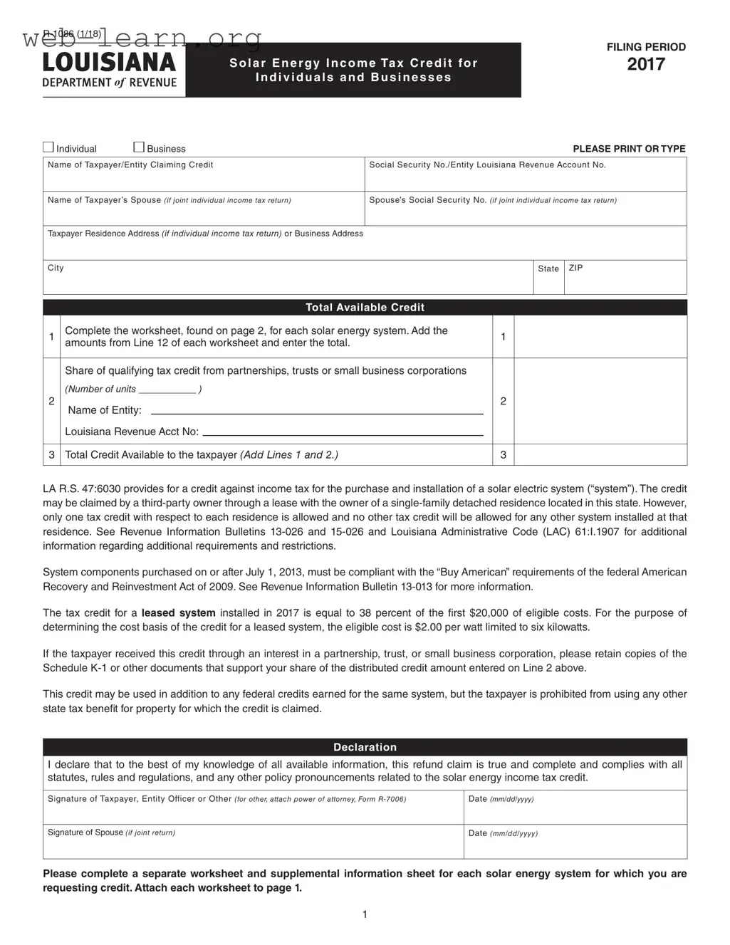 Blank Louisiana R 1086 Form