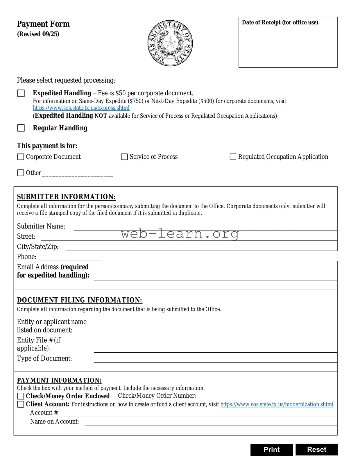 Blank Texas Sos Payment 807 Form
