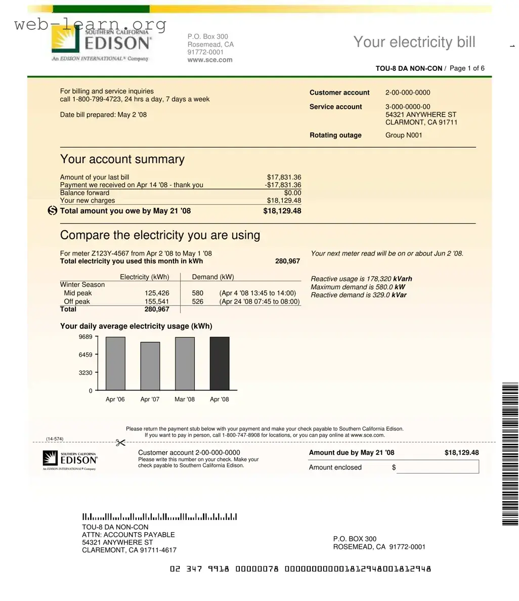 Blank Edison Electricity Bill Form