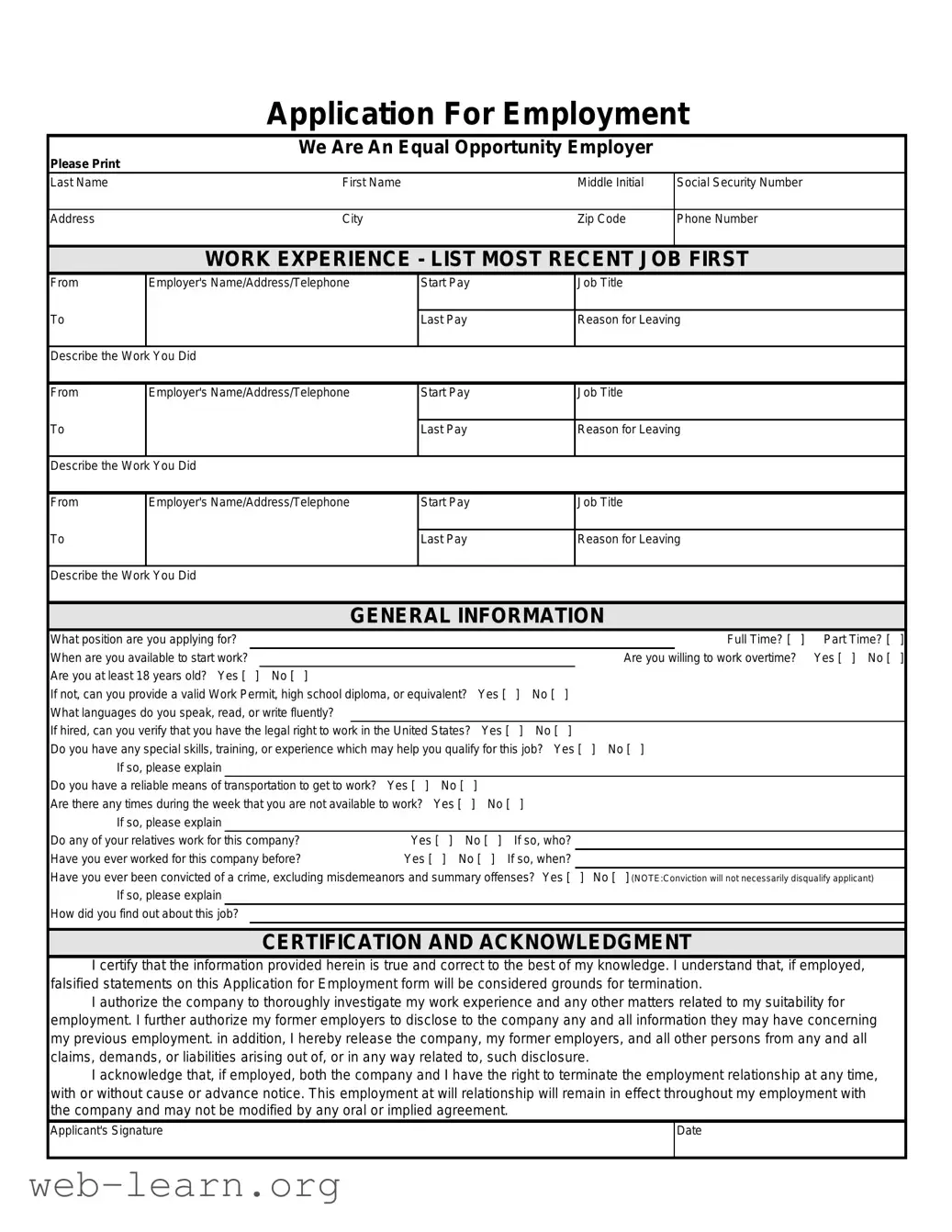 Blank Spanish Application Employment Form