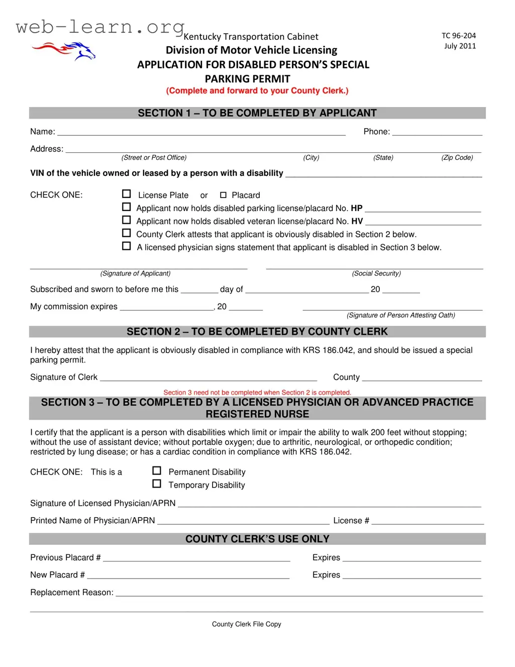 Blank Kentucky Tc 96 204 Form