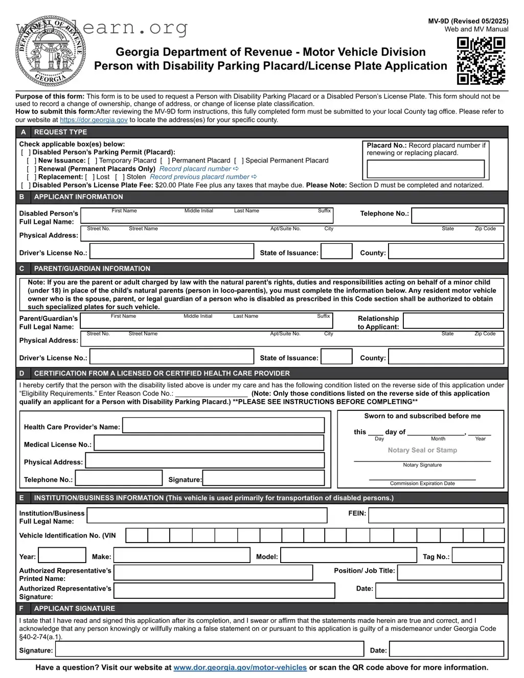 Blank Georgia Mv 9D Form