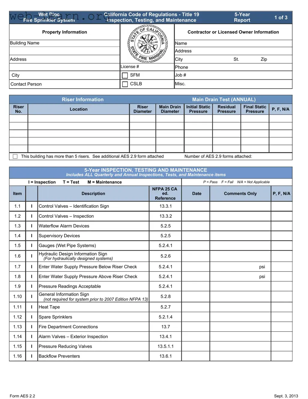 Blank 5 Year Fire Sprinkler Inspection Form
