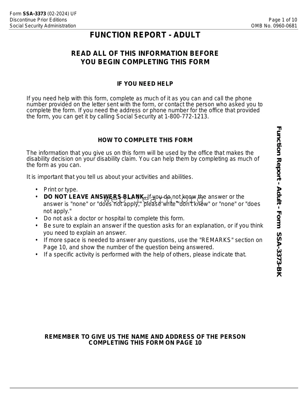 Blank SSA SSA-3373-BK Form