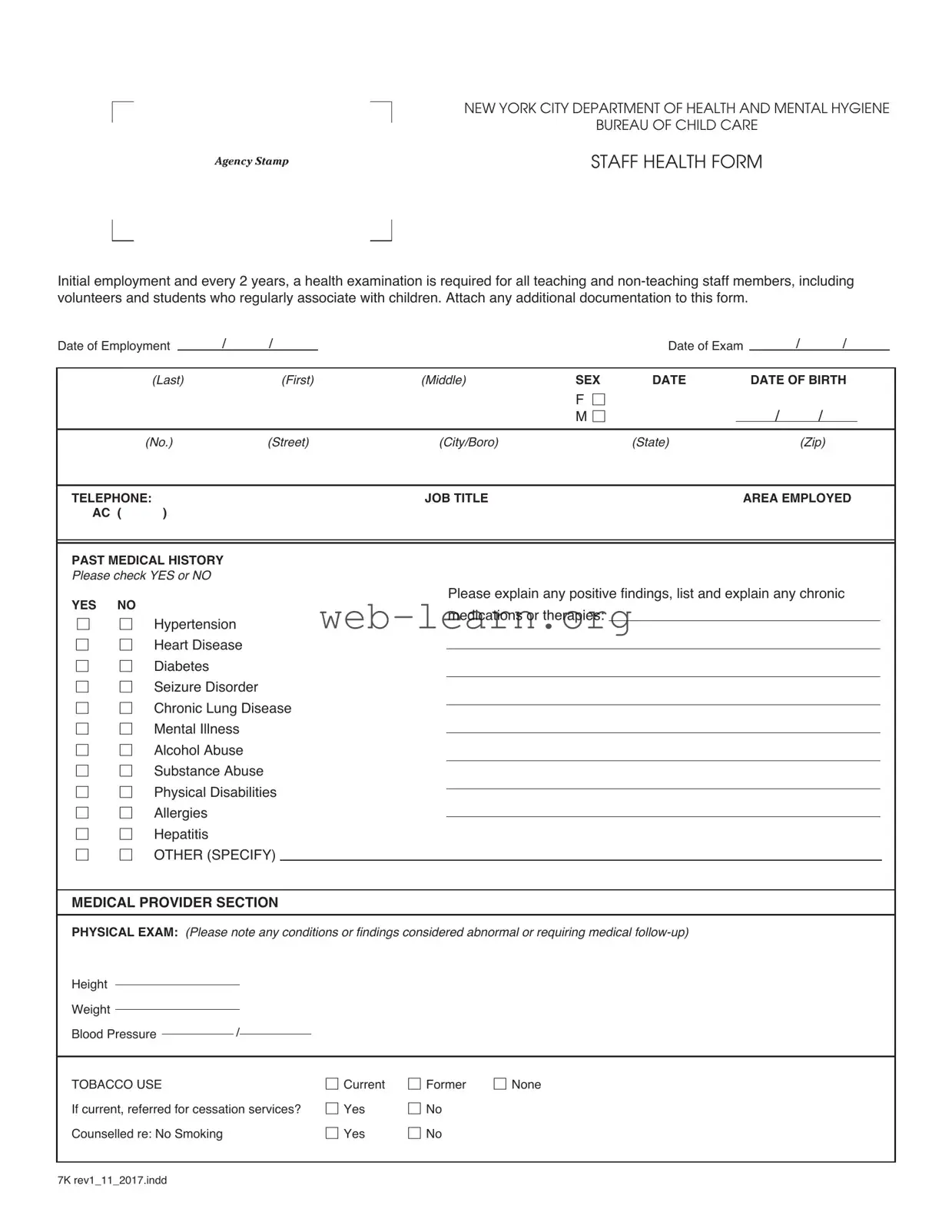 Blank New York Daycare Annual Staff Form