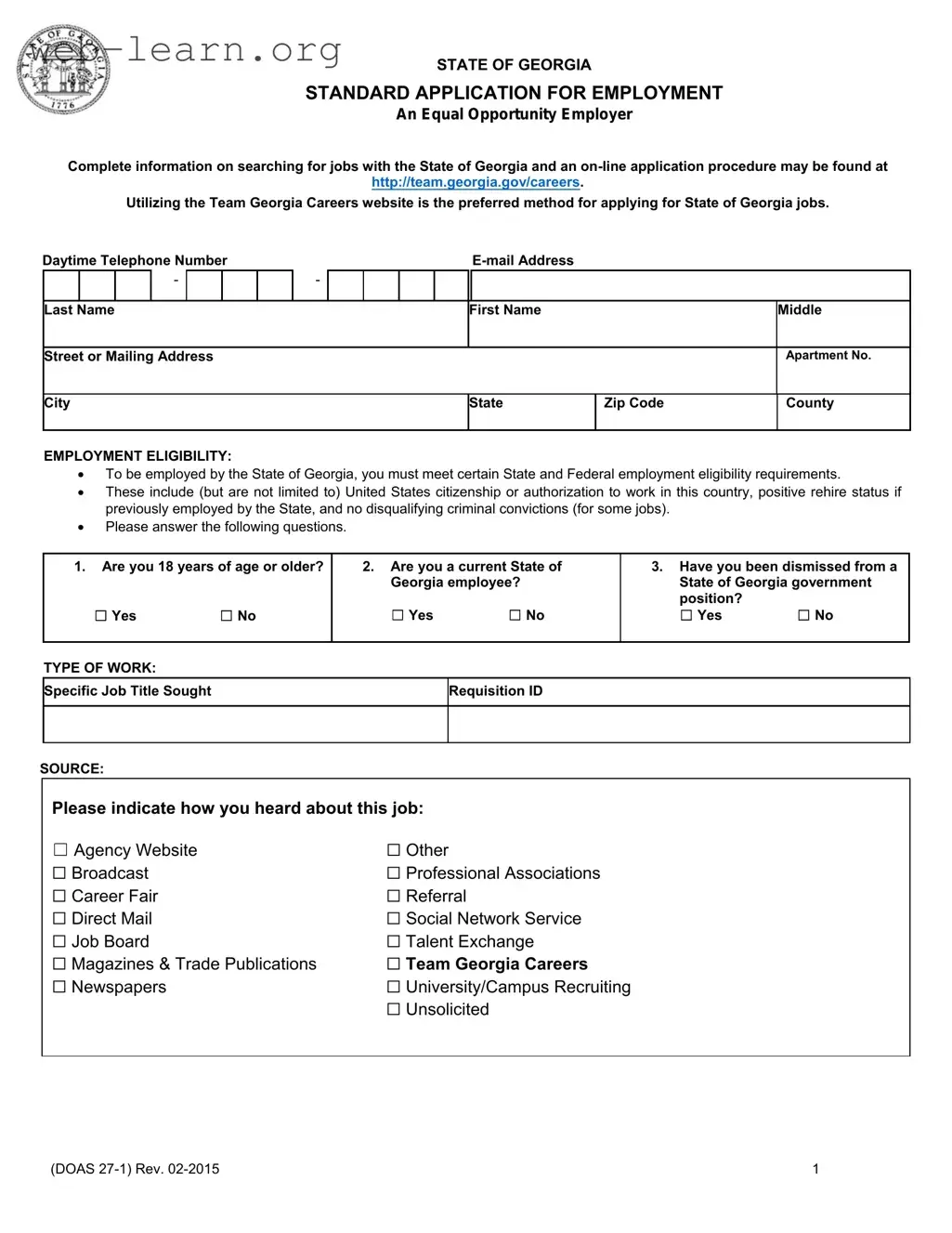 Blank Georgia Employment Form
