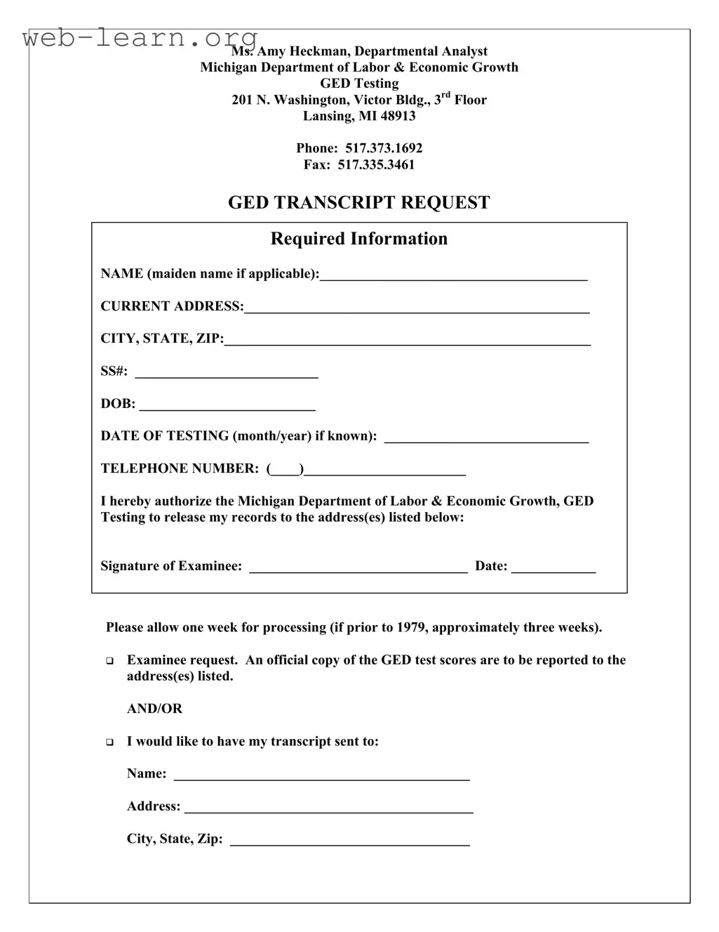 Blank Michigan Ged Transcript Request Form