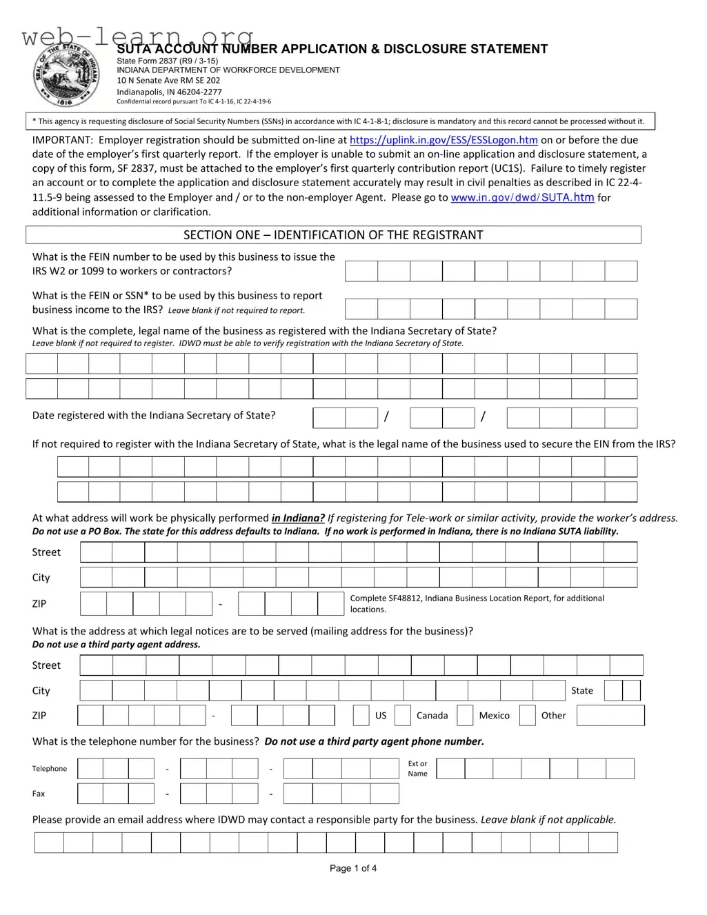 Blank Indiana Sf 2837 Form