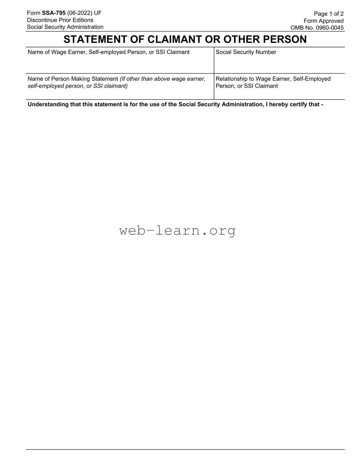 Blank SSA SSA-795 Form