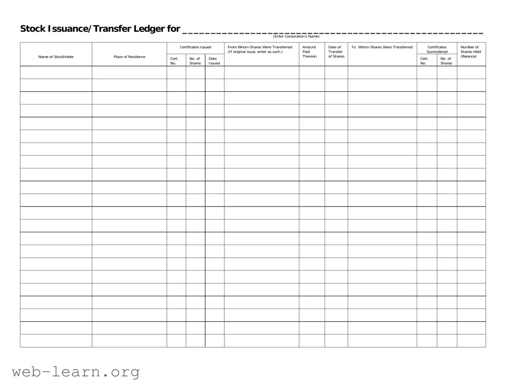 Blank Stock Transfer Ledger Form