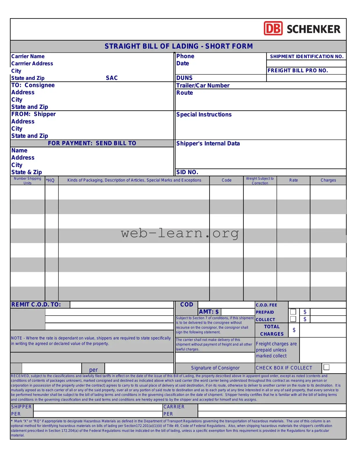 Blank Straight Bill Of Lading Form