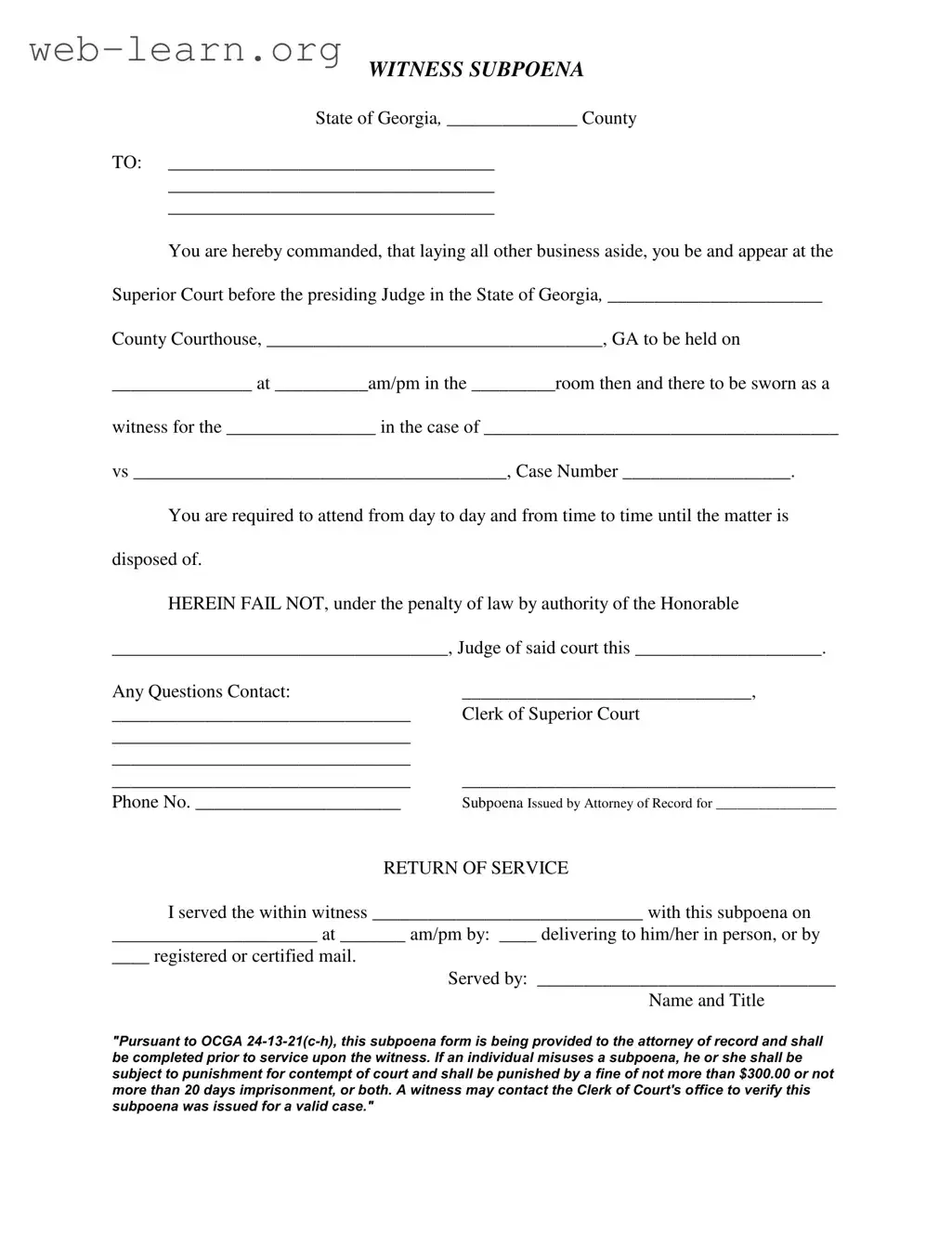 Blank Georgia Witness Subpoena Form
