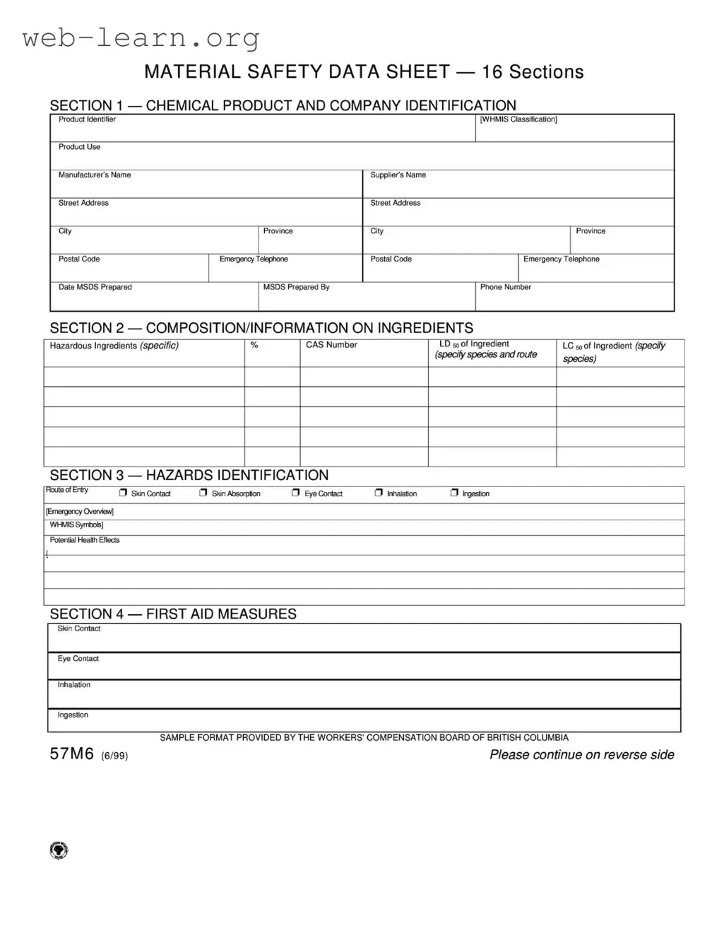 Blank Material Safety Sheet Form