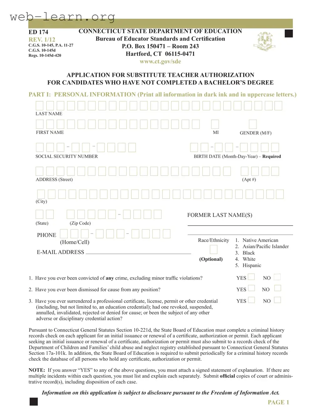Blank Connecticut Ed 174 Form