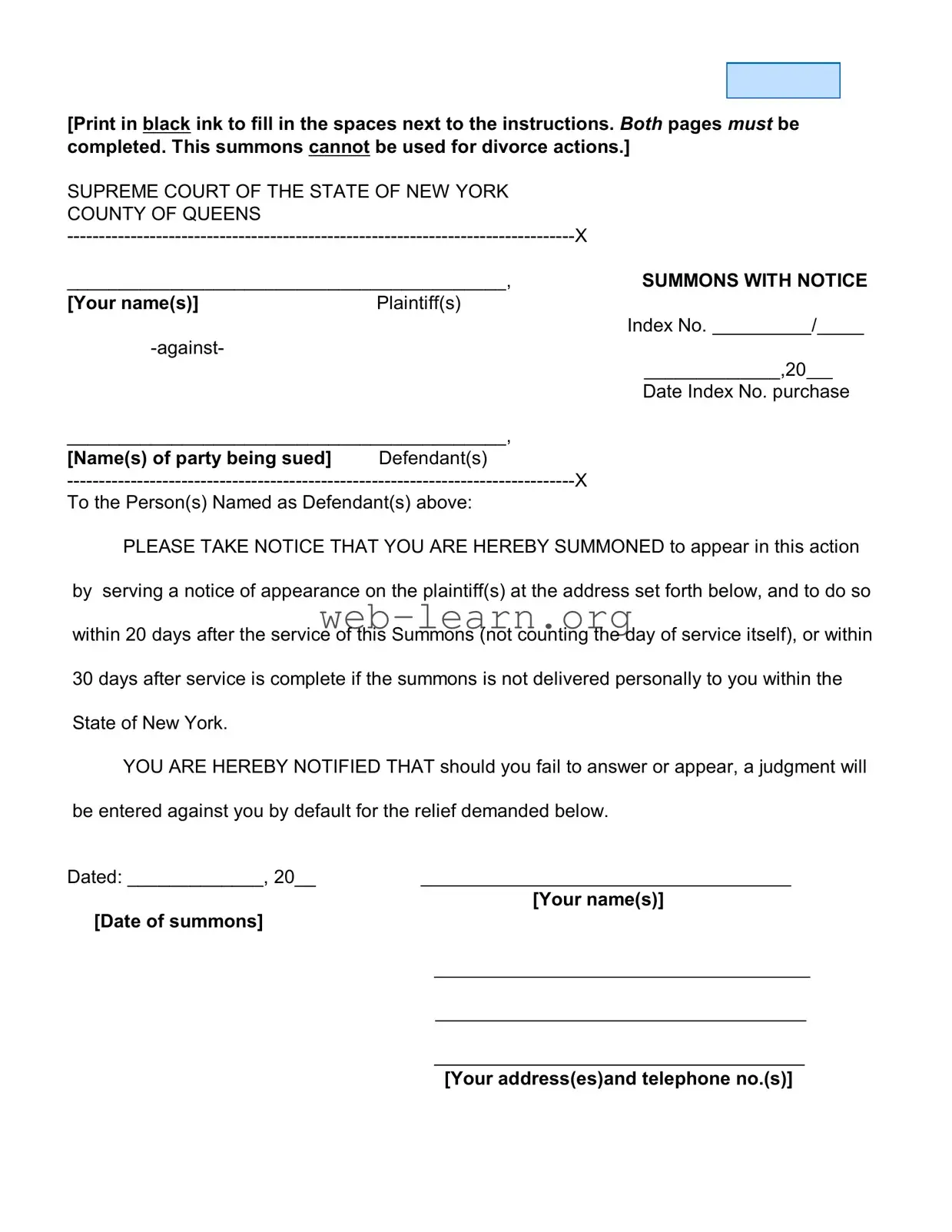 Blank New York Court Summons Form
