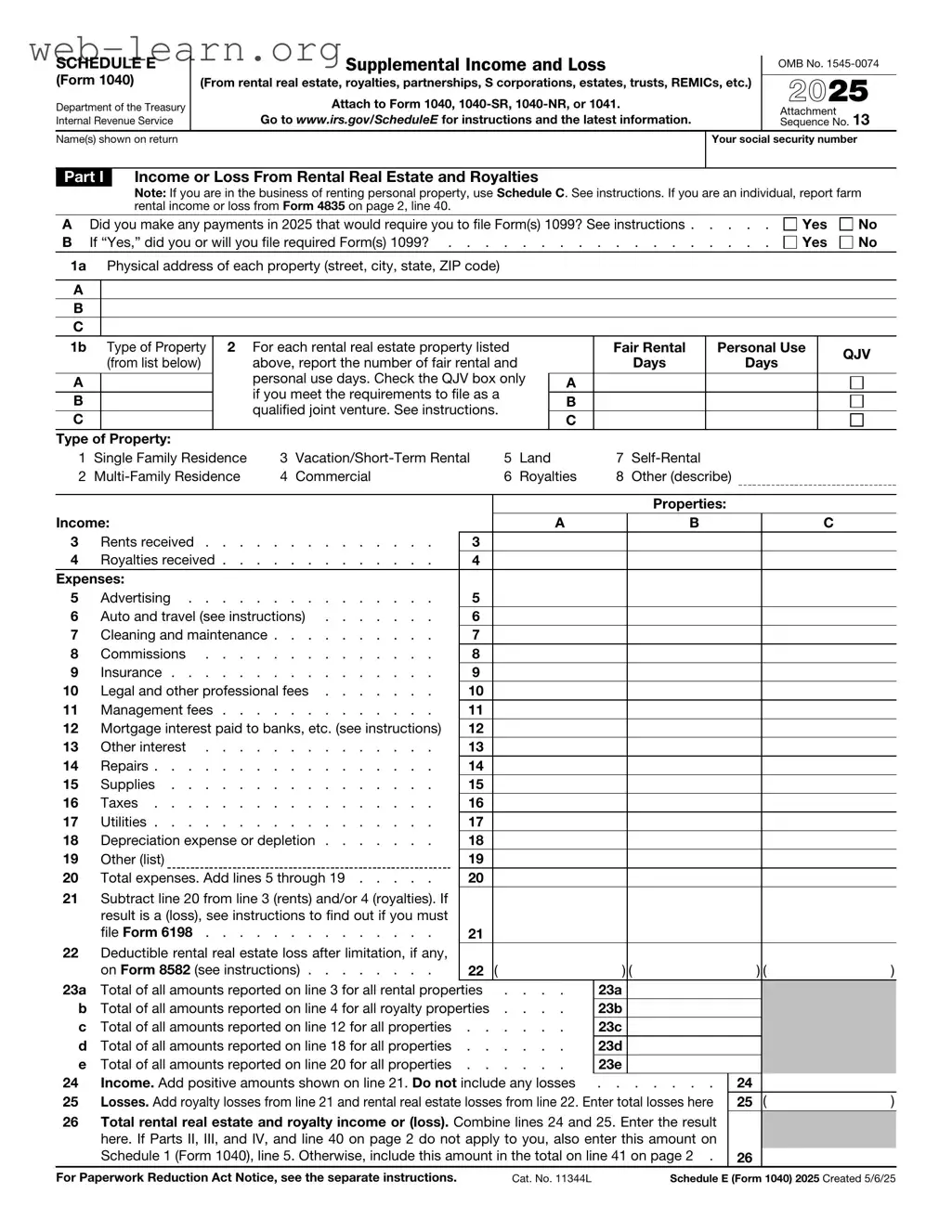 Blank IRS Schedule E 1040 Form