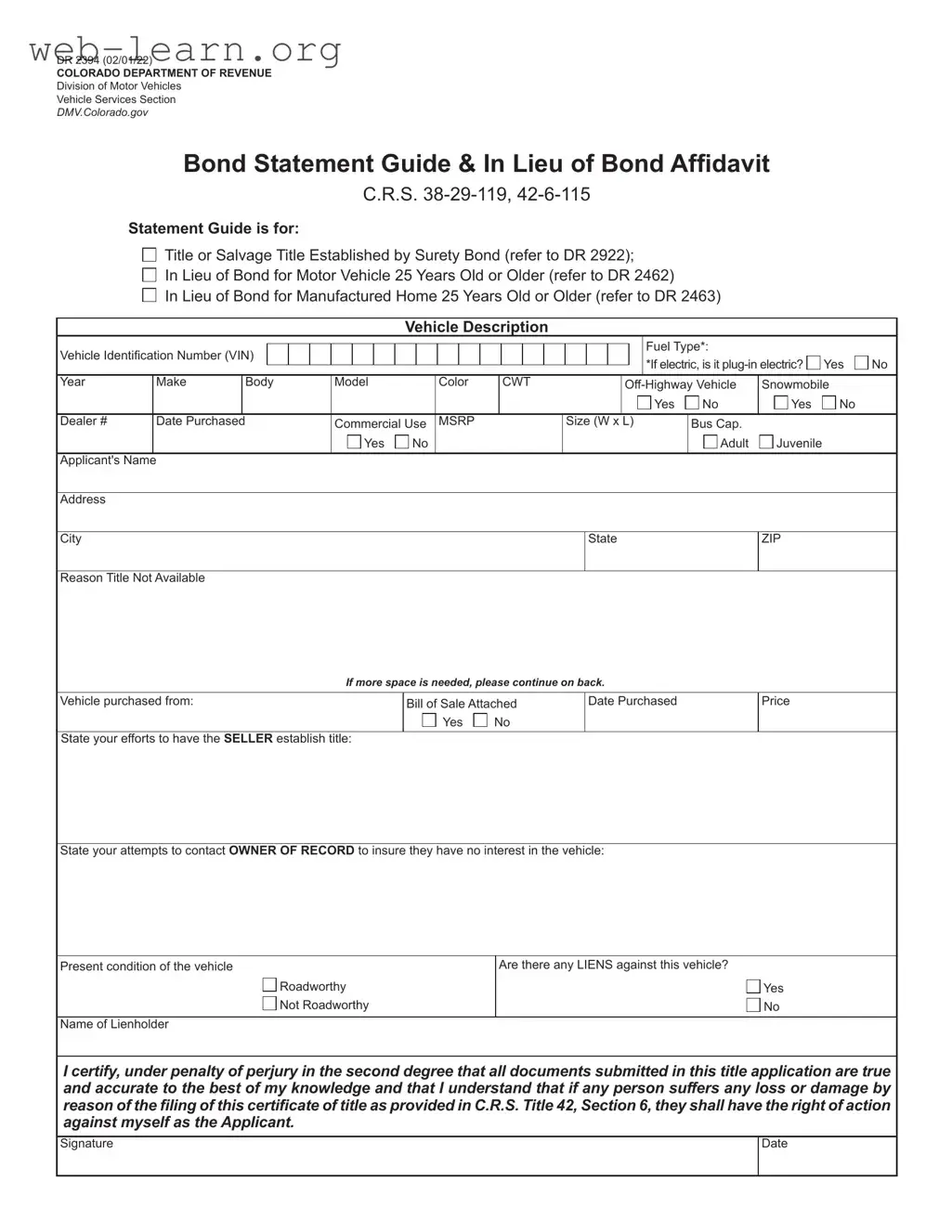 Blank Colorado Dr 2394 Form