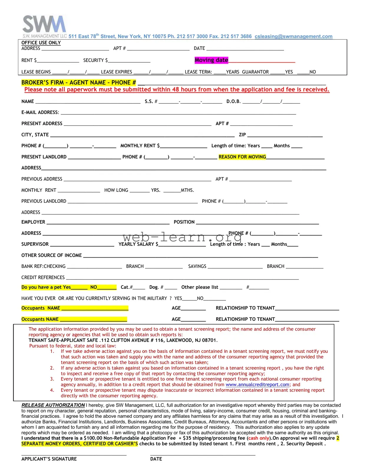 Blank New York Sw Management Form