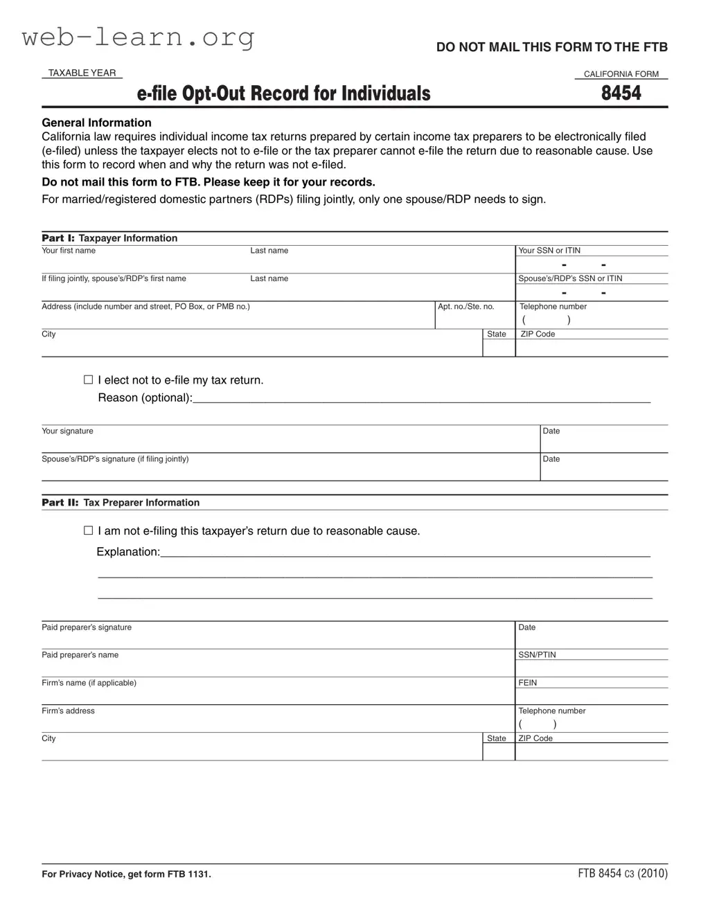 Blank California 8454 Form