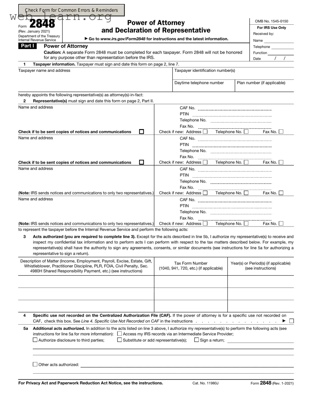 Blank IRS Power of Attorney ( 2848) Form