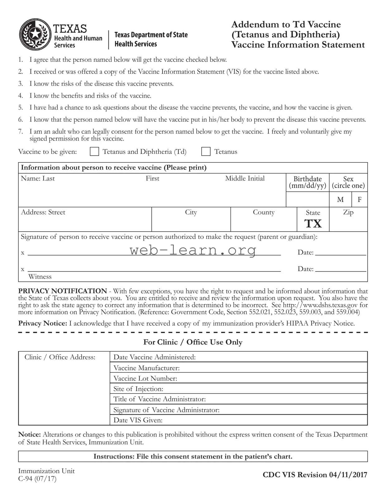Blank Texas Addendum To Tdap Vaccine Form