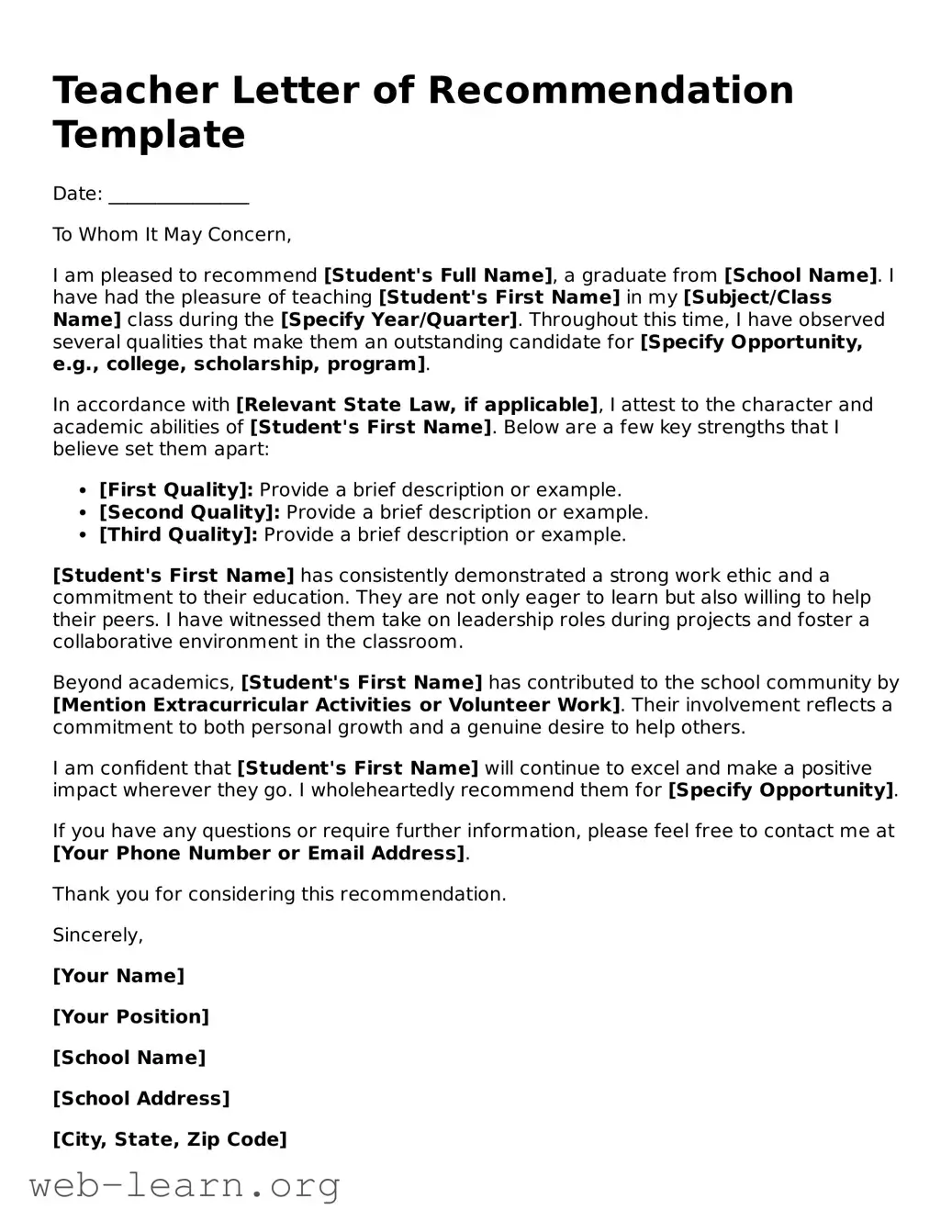 Attorney-Approved Teacher Letter Recommendation Template