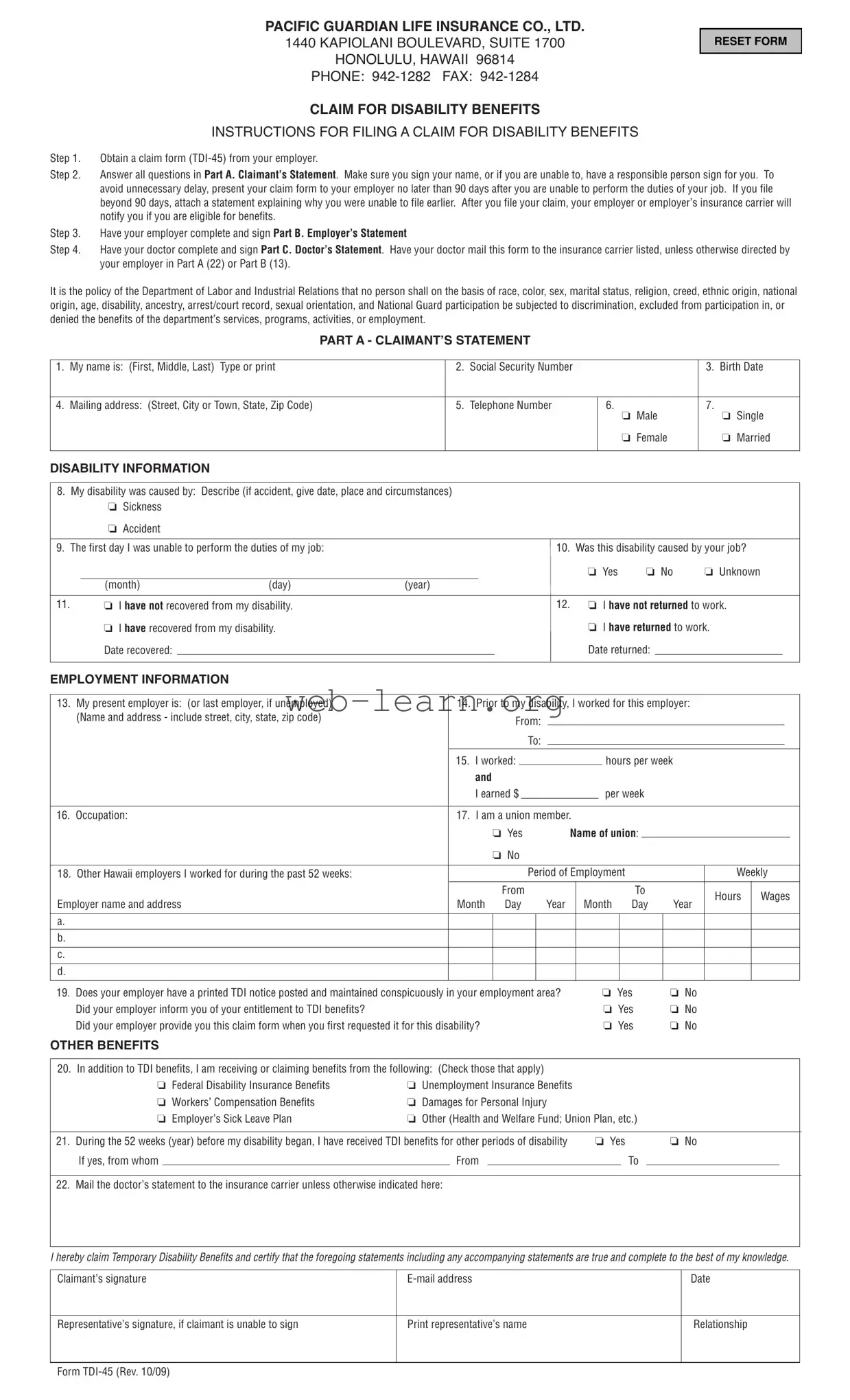 Blank State Hawaii Tdi 45 Form