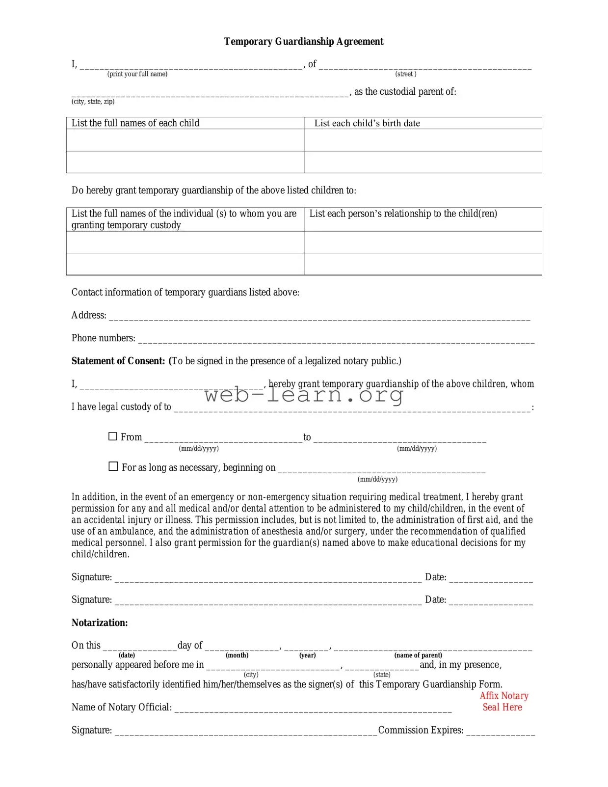 Blank Temporary Custody Form