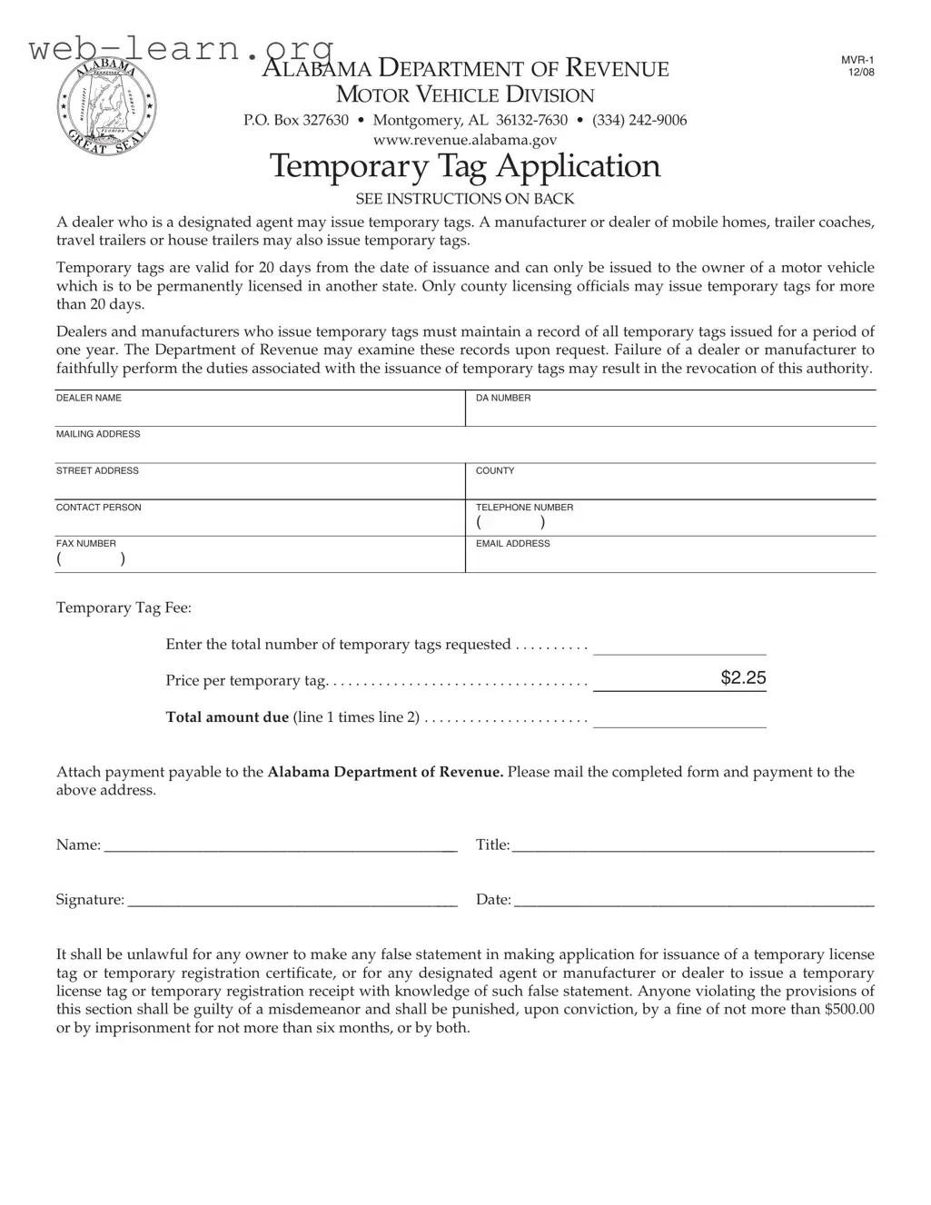 Blank Alabama Temporary Tag Application Form