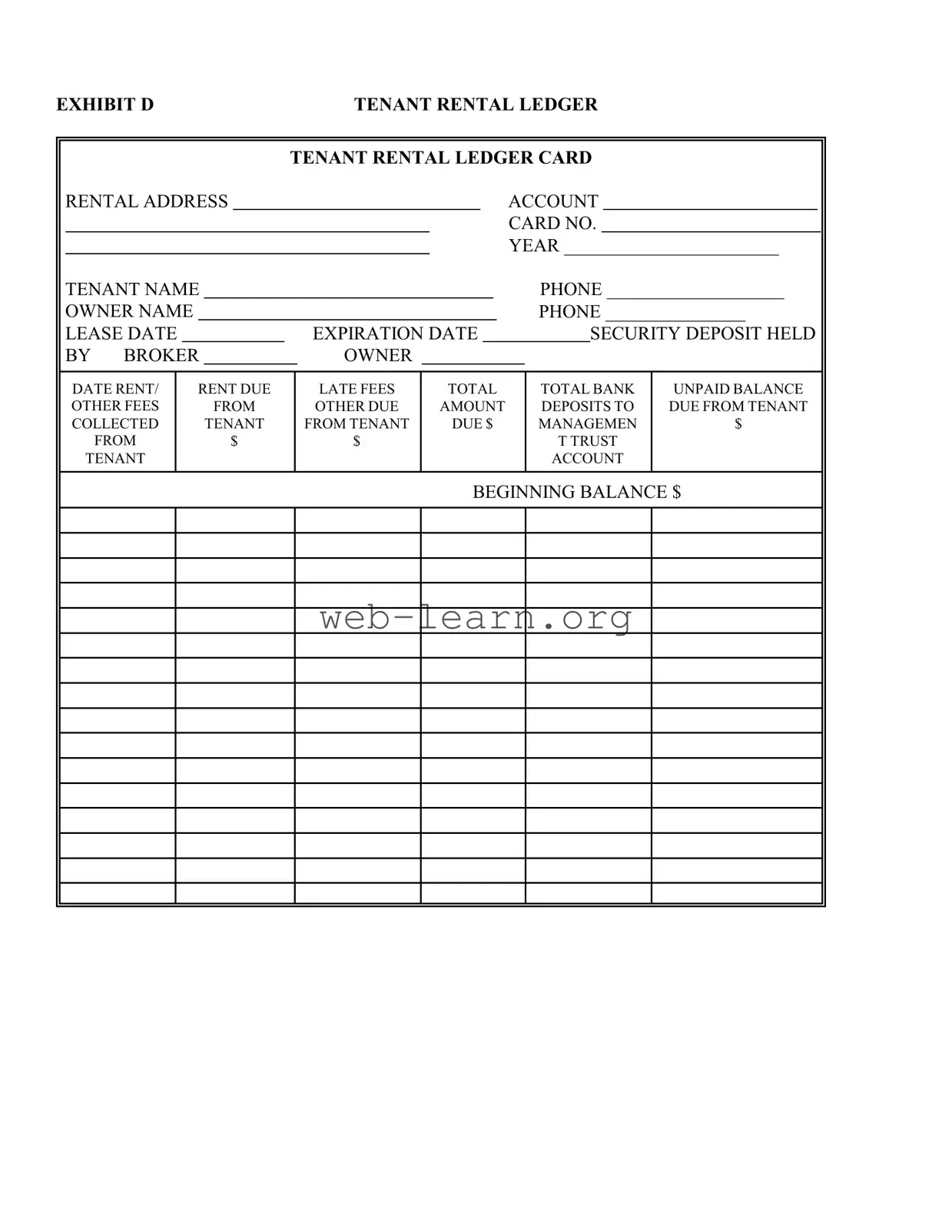 Blank Tenant Ledger Card Form